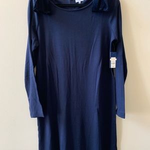 Navy knit dress with velvet shoulder bows NWT